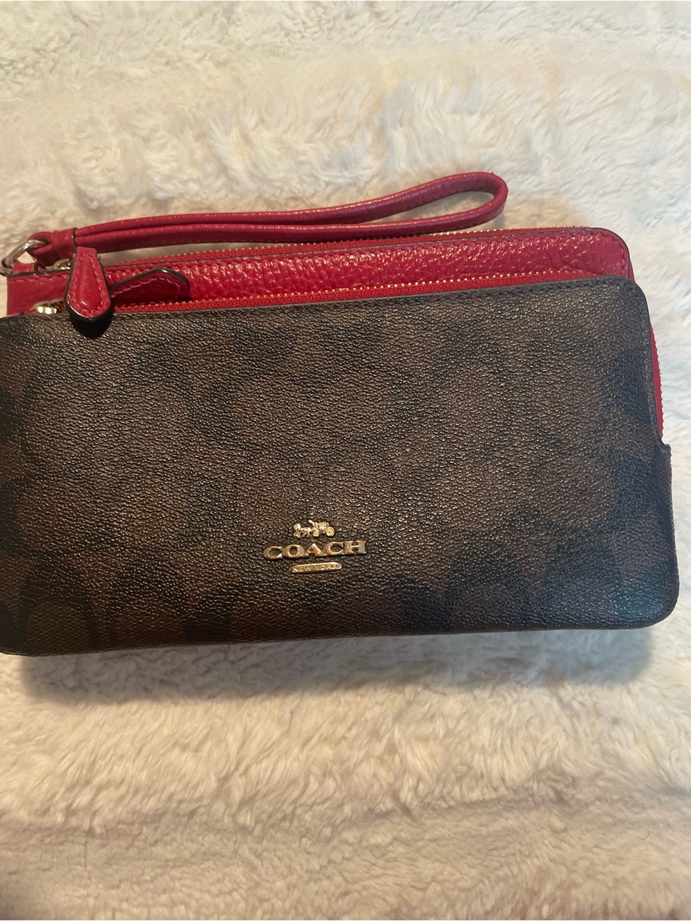 COACH Double Zip Wristlet in Signature print ( Brown and Red)
